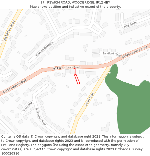 97, IPSWICH ROAD, WOODBRIDGE, IP12 4BY: Location map and indicative extent of plot