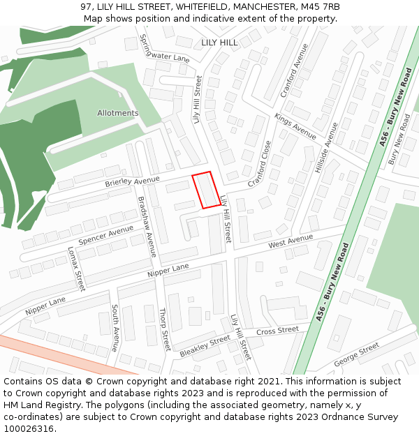 97, LILY HILL STREET, WHITEFIELD, MANCHESTER, M45 7RB: Location map and indicative extent of plot