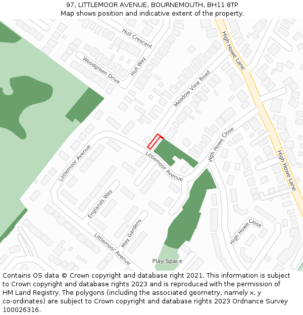 97, LITTLEMOOR AVENUE, BOURNEMOUTH, BH11 8TP: Location map and indicative extent of plot