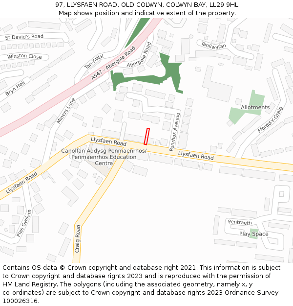 97, LLYSFAEN ROAD, OLD COLWYN, COLWYN BAY, LL29 9HL: Location map and indicative extent of plot