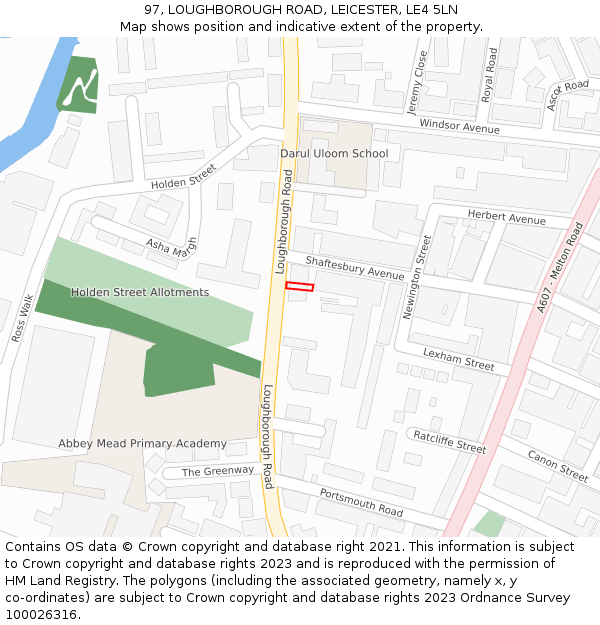 97, LOUGHBOROUGH ROAD, LEICESTER, LE4 5LN: Location map and indicative extent of plot