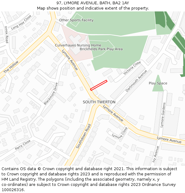 97, LYMORE AVENUE, BATH, BA2 1AY: Location map and indicative extent of plot