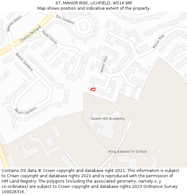 97, MANOR RISE, LICHFIELD, WS14 9RF: Location map and indicative extent of plot