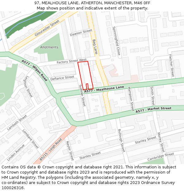 97, MEALHOUSE LANE, ATHERTON, MANCHESTER, M46 0FF: Location map and indicative extent of plot