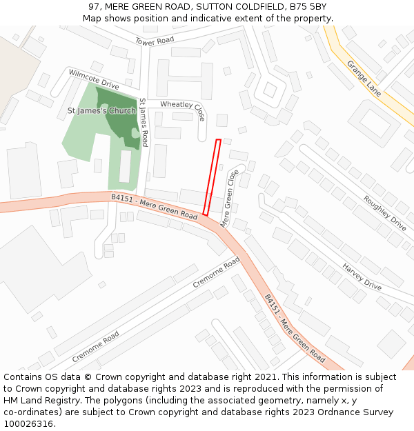 97, MERE GREEN ROAD, SUTTON COLDFIELD, B75 5BY: Location map and indicative extent of plot