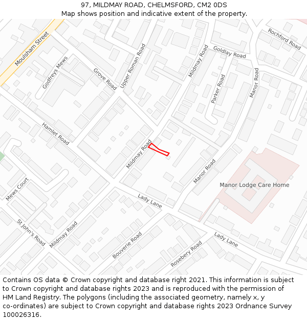 97, MILDMAY ROAD, CHELMSFORD, CM2 0DS: Location map and indicative extent of plot