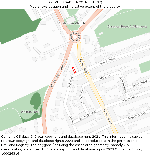 97, MILL ROAD, LINCOLN, LN1 3JQ: Location map and indicative extent of plot