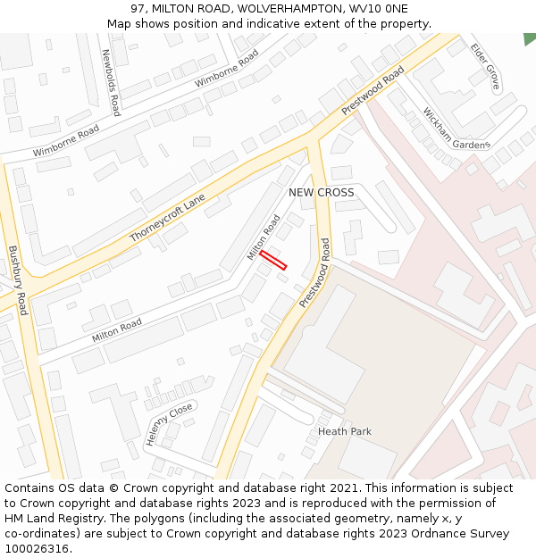 97, MILTON ROAD, WOLVERHAMPTON, WV10 0NE: Location map and indicative extent of plot