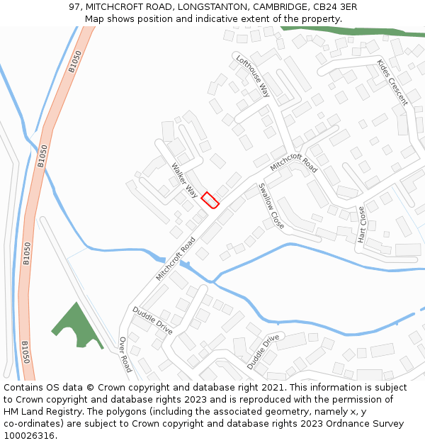 97, MITCHCROFT ROAD, LONGSTANTON, CAMBRIDGE, CB24 3ER: Location map and indicative extent of plot
