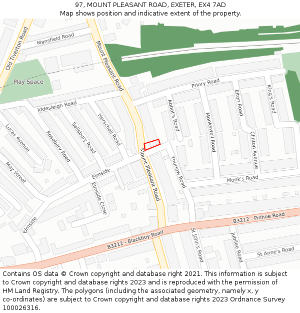 97, MOUNT PLEASANT ROAD, EXETER, EX4 7AD: Location map and indicative extent of plot