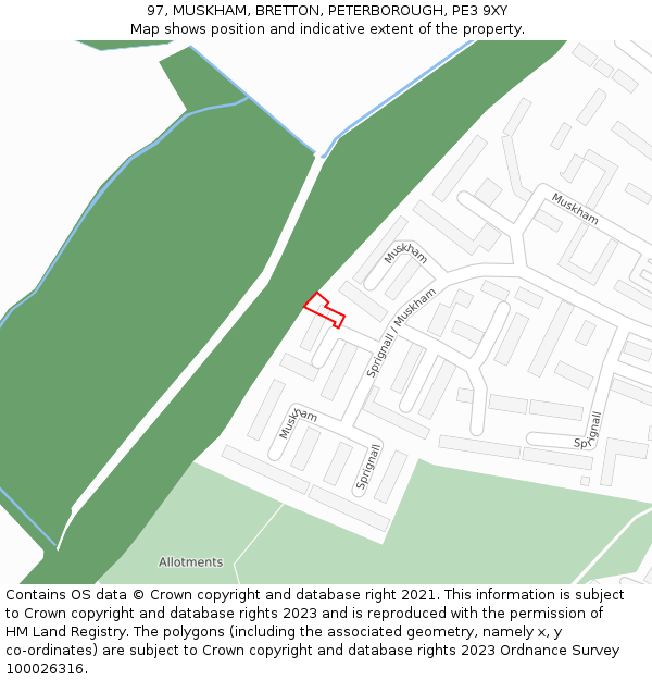 97, MUSKHAM, BRETTON, PETERBOROUGH, PE3 9XY: Location map and indicative extent of plot