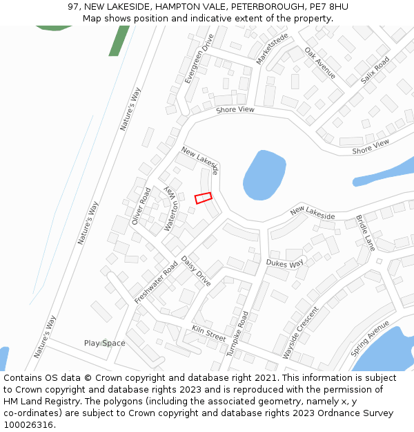 97, NEW LAKESIDE, HAMPTON VALE, PETERBOROUGH, PE7 8HU: Location map and indicative extent of plot