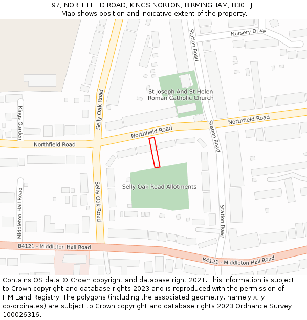 97, NORTHFIELD ROAD, KINGS NORTON, BIRMINGHAM, B30 1JE: Location map and indicative extent of plot