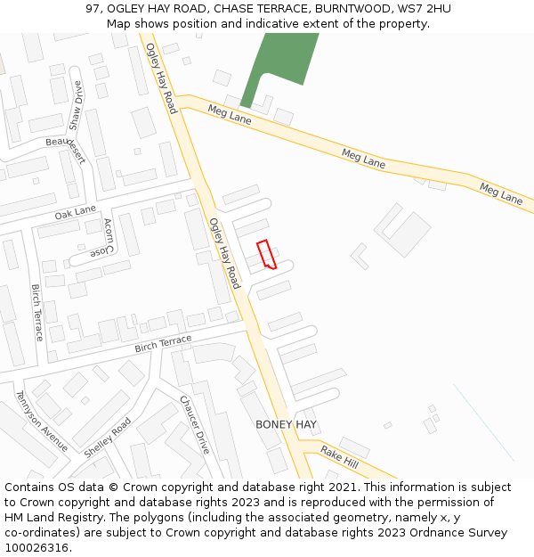 97, OGLEY HAY ROAD, CHASE TERRACE, BURNTWOOD, WS7 2HU: Location map and indicative extent of plot