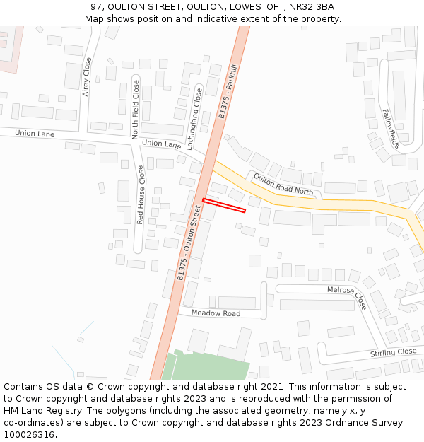 97, OULTON STREET, OULTON, LOWESTOFT, NR32 3BA: Location map and indicative extent of plot