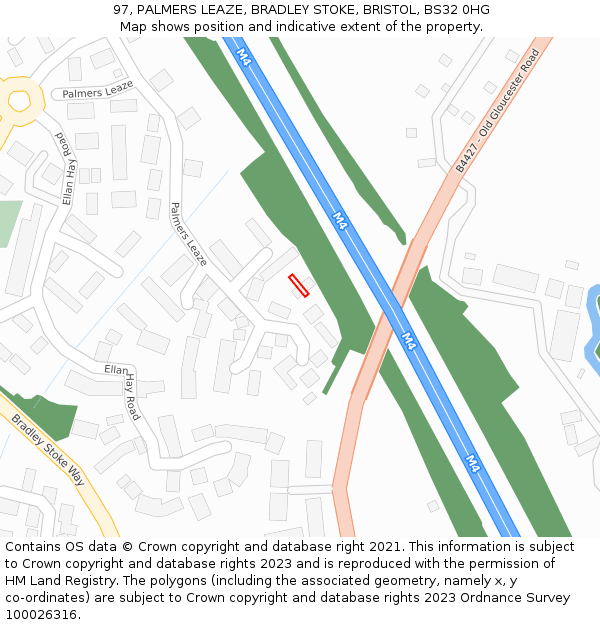 97, PALMERS LEAZE, BRADLEY STOKE, BRISTOL, BS32 0HG: Location map and indicative extent of plot