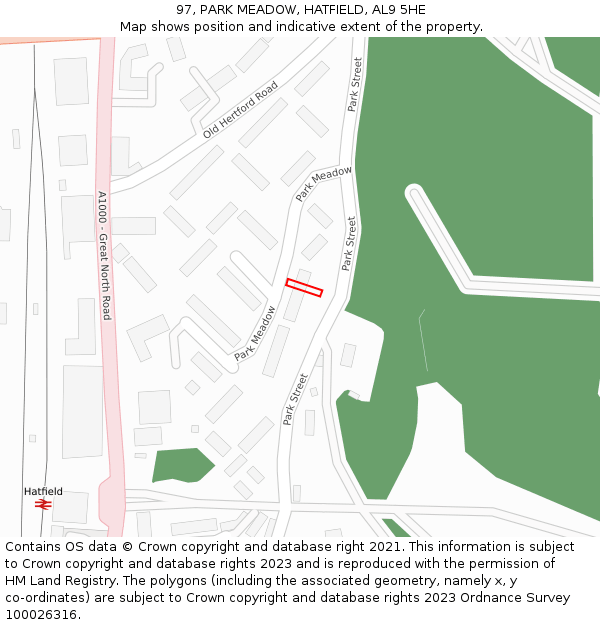 97, PARK MEADOW, HATFIELD, AL9 5HE: Location map and indicative extent of plot