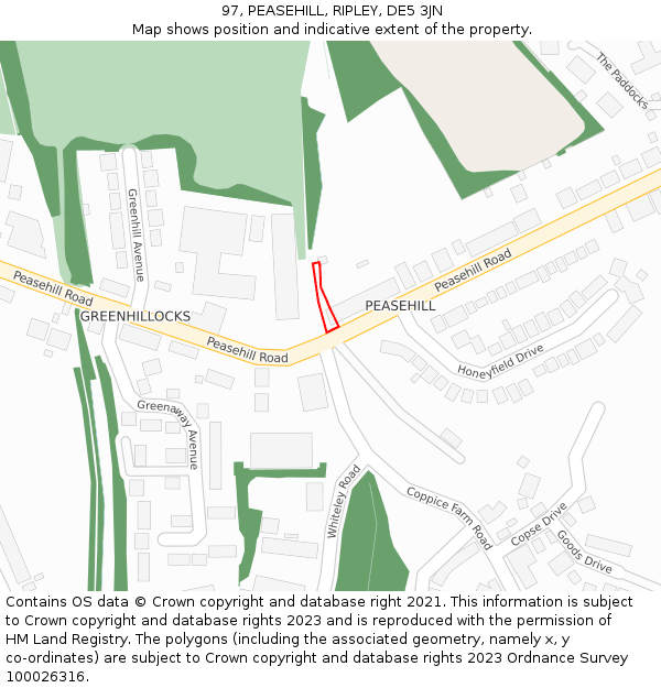 97, PEASEHILL, RIPLEY, DE5 3JN: Location map and indicative extent of plot