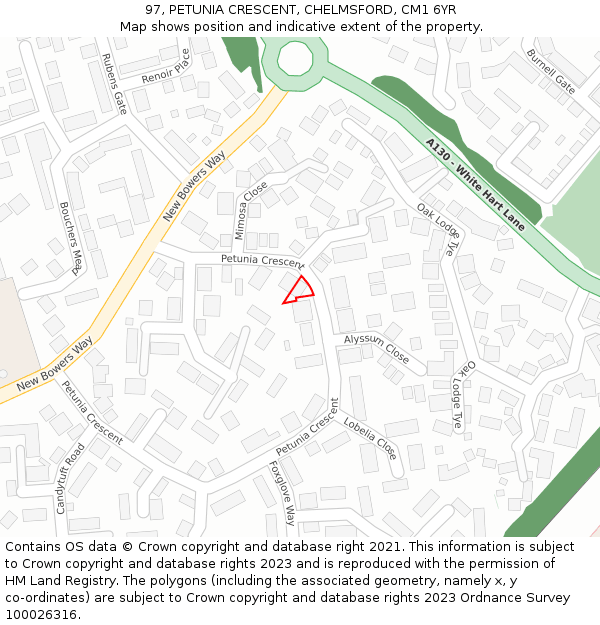 97, PETUNIA CRESCENT, CHELMSFORD, CM1 6YR: Location map and indicative extent of plot