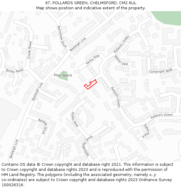 97, POLLARDS GREEN, CHELMSFORD, CM2 6UL: Location map and indicative extent of plot