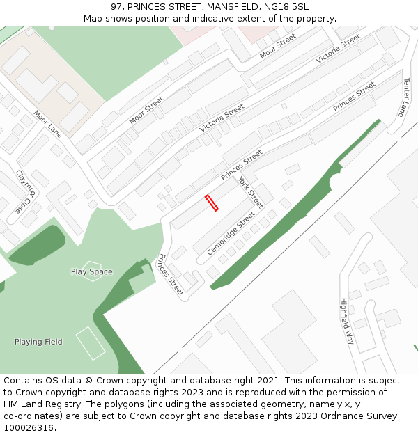 97, PRINCES STREET, MANSFIELD, NG18 5SL: Location map and indicative extent of plot