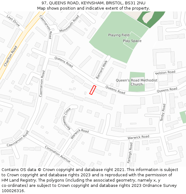 97, QUEENS ROAD, KEYNSHAM, BRISTOL, BS31 2NU: Location map and indicative extent of plot