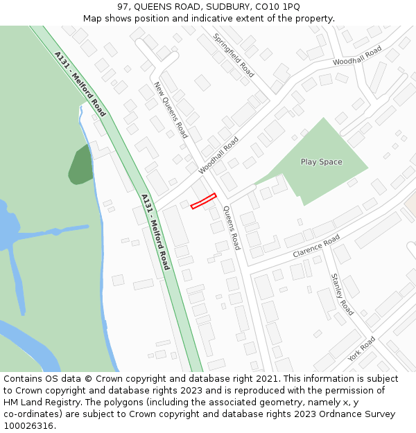 97, QUEENS ROAD, SUDBURY, CO10 1PQ: Location map and indicative extent of plot