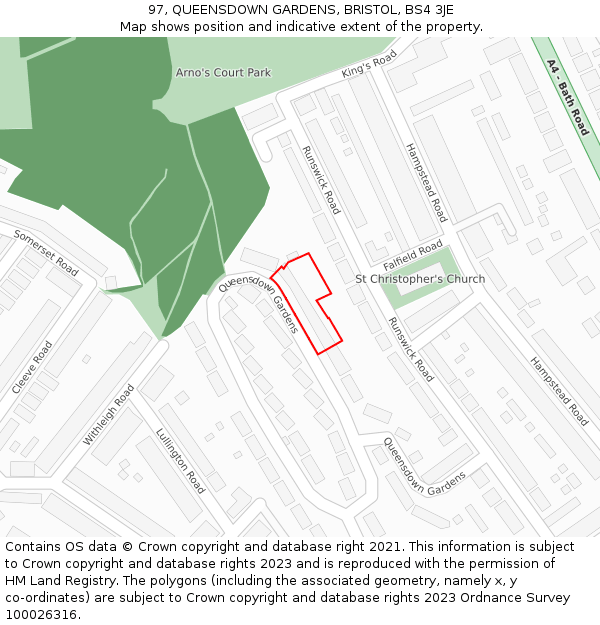 97, QUEENSDOWN GARDENS, BRISTOL, BS4 3JE: Location map and indicative extent of plot