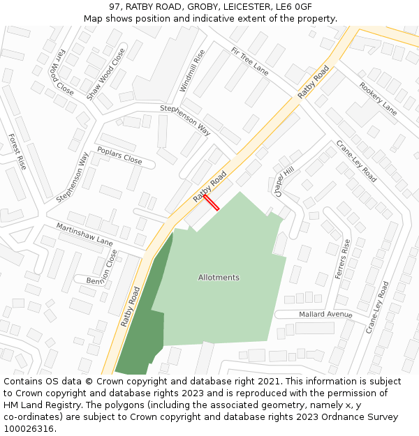 97, RATBY ROAD, GROBY, LEICESTER, LE6 0GF: Location map and indicative extent of plot
