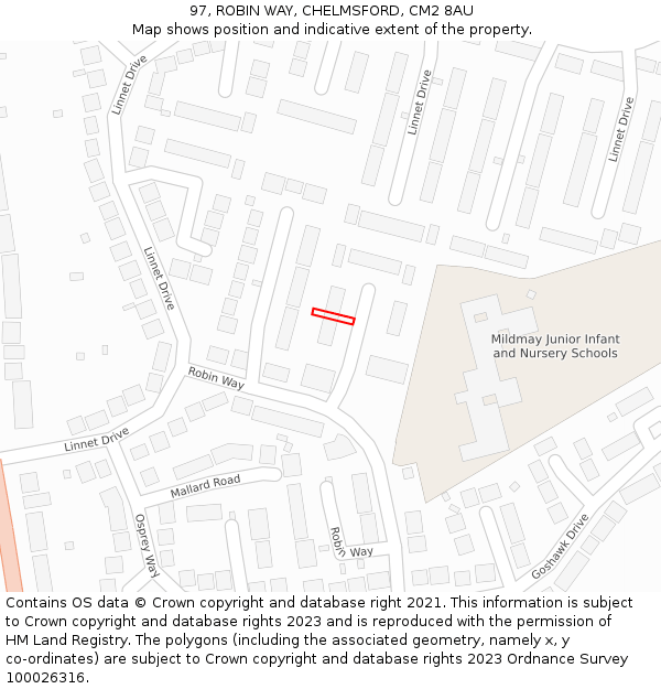 97, ROBIN WAY, CHELMSFORD, CM2 8AU: Location map and indicative extent of plot