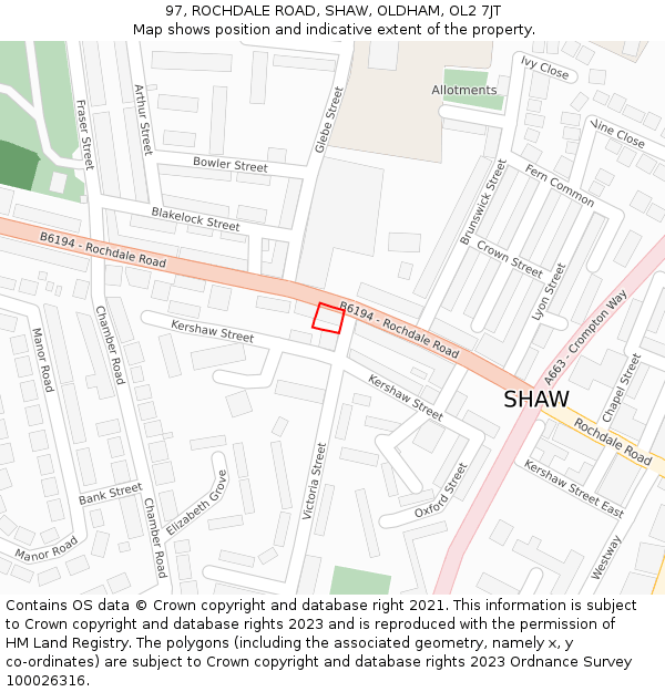 97, ROCHDALE ROAD, SHAW, OLDHAM, OL2 7JT: Location map and indicative extent of plot