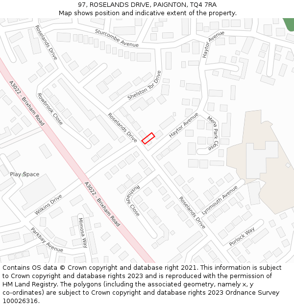 97, ROSELANDS DRIVE, PAIGNTON, TQ4 7RA: Location map and indicative extent of plot