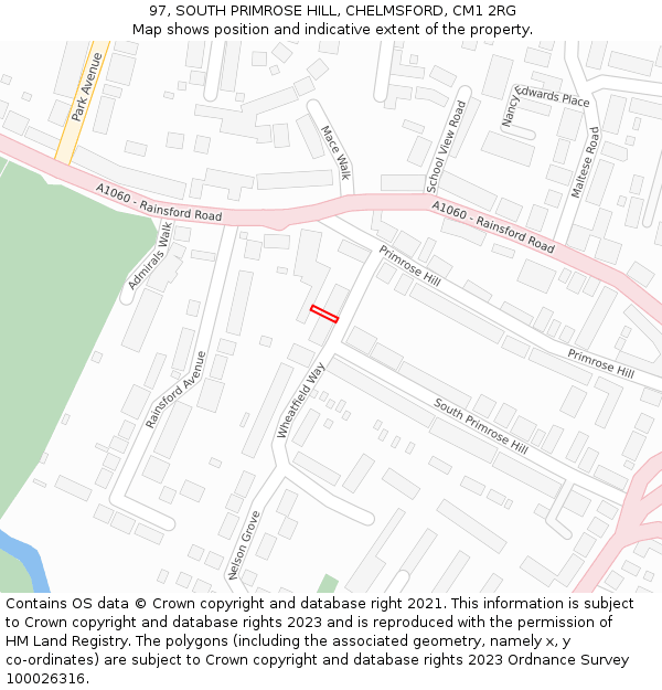97, SOUTH PRIMROSE HILL, CHELMSFORD, CM1 2RG: Location map and indicative extent of plot