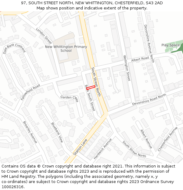 97, SOUTH STREET NORTH, NEW WHITTINGTON, CHESTERFIELD, S43 2AD: Location map and indicative extent of plot