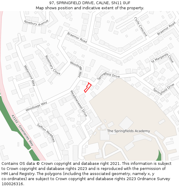 97, SPRINGFIELD DRIVE, CALNE, SN11 0UF: Location map and indicative extent of plot