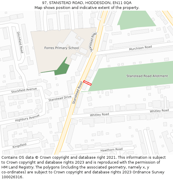 97, STANSTEAD ROAD, HODDESDON, EN11 0QA: Location map and indicative extent of plot