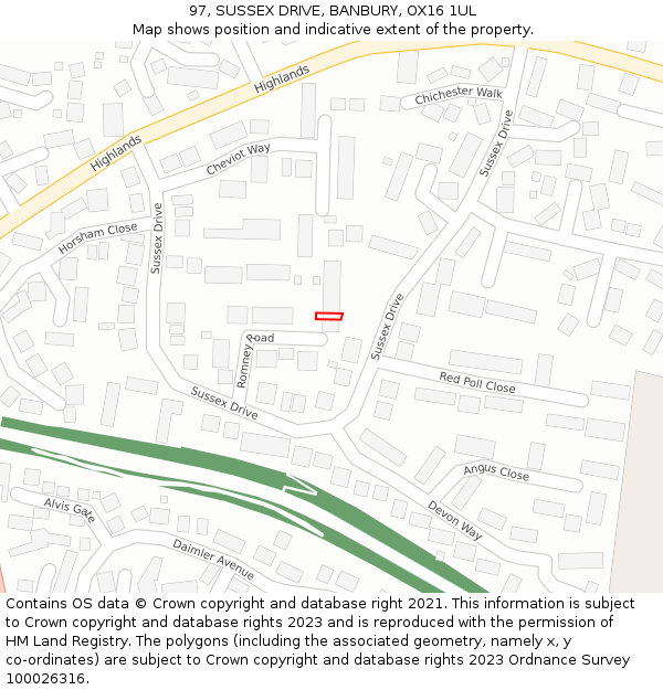 97, SUSSEX DRIVE, BANBURY, OX16 1UL: Location map and indicative extent of plot