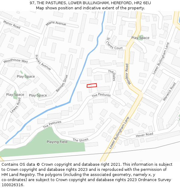 97, THE PASTURES, LOWER BULLINGHAM, HEREFORD, HR2 6EU: Location map and indicative extent of plot