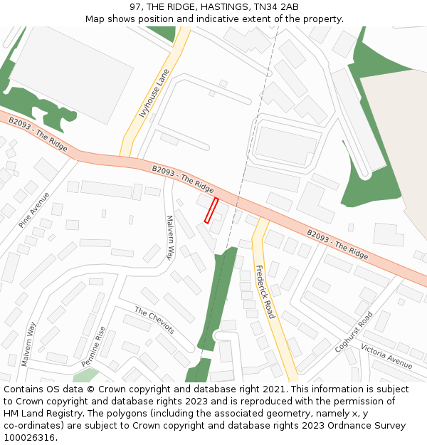 97, THE RIDGE, HASTINGS, TN34 2AB: Location map and indicative extent of plot