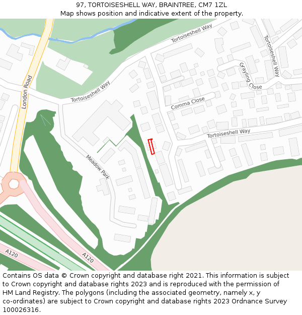 97, TORTOISESHELL WAY, BRAINTREE, CM7 1ZL: Location map and indicative extent of plot