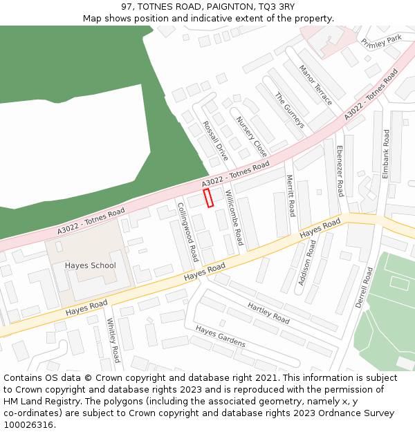 97, TOTNES ROAD, PAIGNTON, TQ3 3RY: Location map and indicative extent of plot