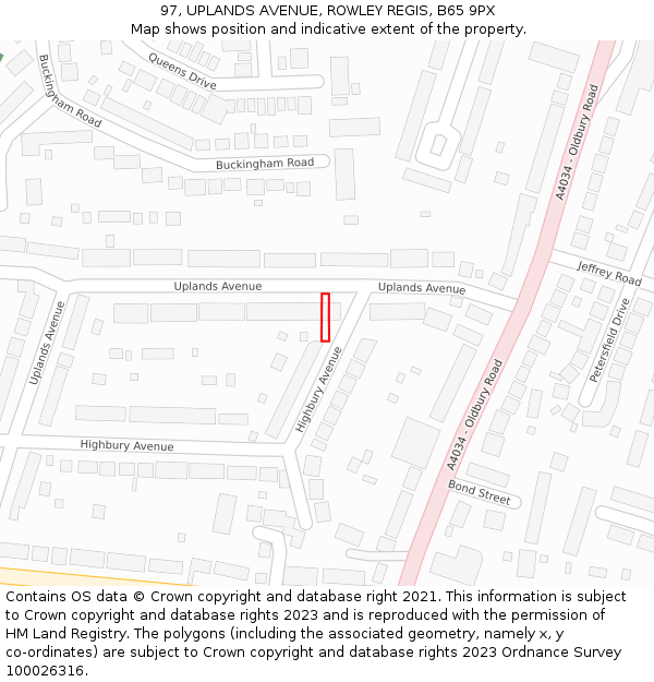 97, UPLANDS AVENUE, ROWLEY REGIS, B65 9PX: Location map and indicative extent of plot