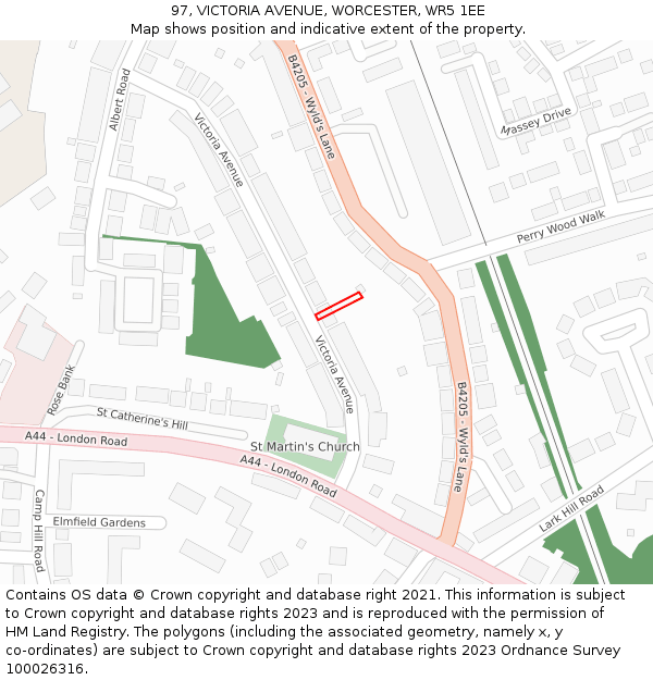 97, VICTORIA AVENUE, WORCESTER, WR5 1EE: Location map and indicative extent of plot