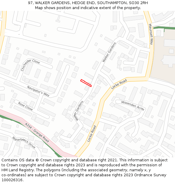 97, WALKER GARDENS, HEDGE END, SOUTHAMPTON, SO30 2RH: Location map and indicative extent of plot