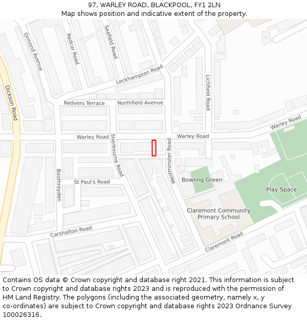 97, WARLEY ROAD, BLACKPOOL, FY1 2LN: Location map and indicative extent of plot