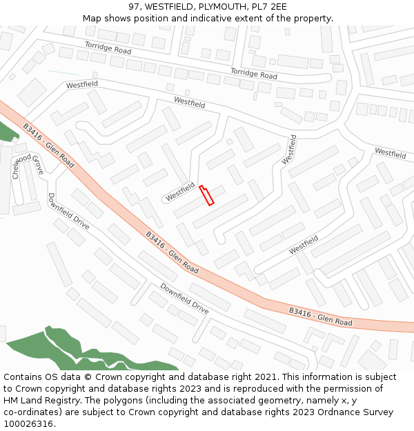 97, WESTFIELD, PLYMOUTH, PL7 2EE: Location map and indicative extent of plot