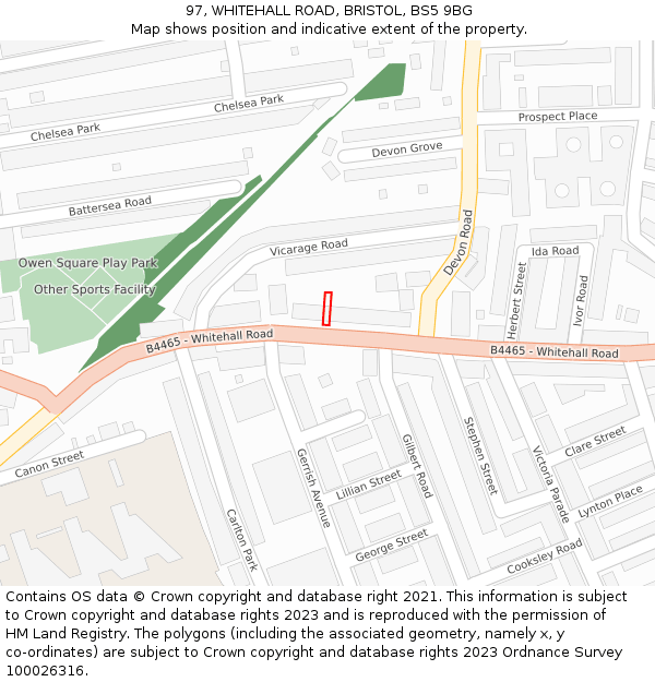 97, WHITEHALL ROAD, BRISTOL, BS5 9BG: Location map and indicative extent of plot