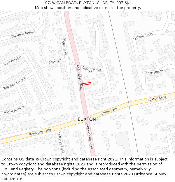 97, WIGAN ROAD, EUXTON, CHORLEY, PR7 6JU: Location map and indicative extent of plot