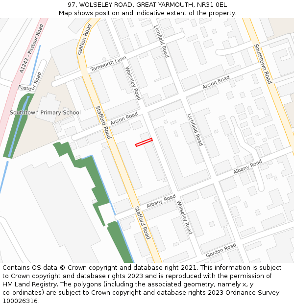 97, WOLSELEY ROAD, GREAT YARMOUTH, NR31 0EL: Location map and indicative extent of plot