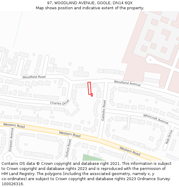 97, WOODLAND AVENUE, GOOLE, DN14 6QX: Location map and indicative extent of plot
